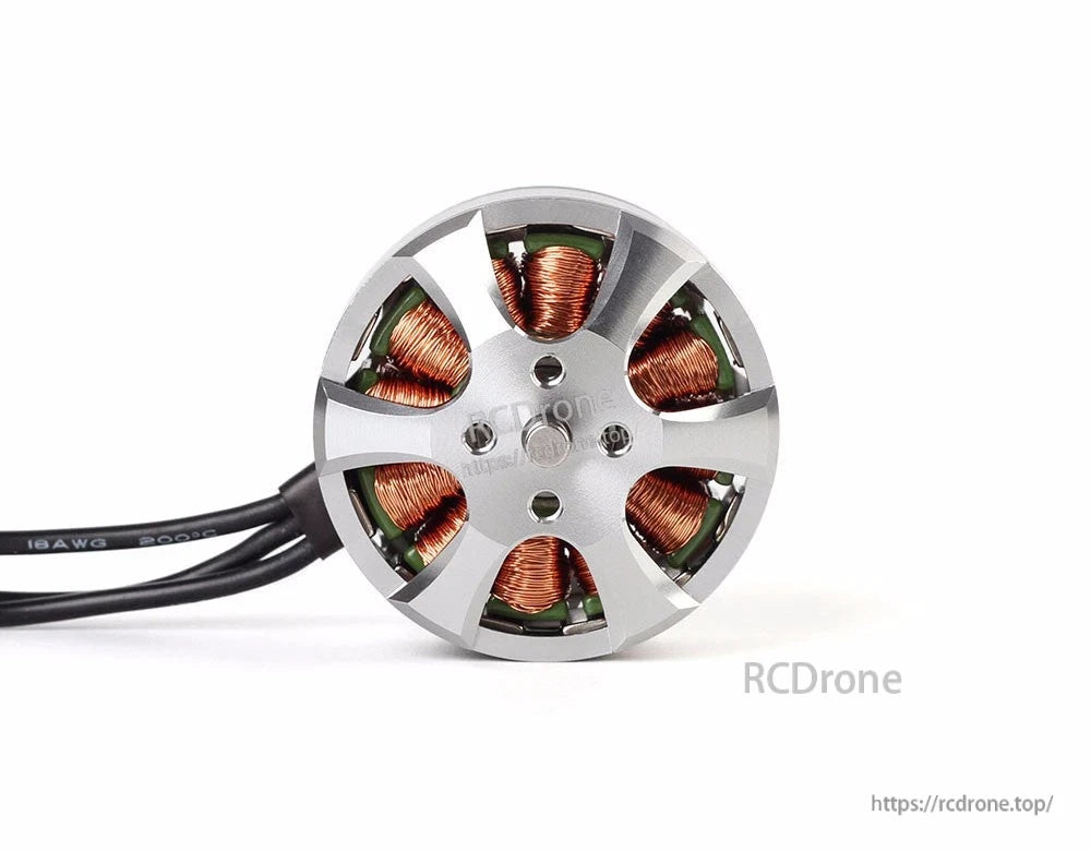Top view of a T-Motor brushless outrunner drone motor with silver bell, exposed copper windings and 3 wires