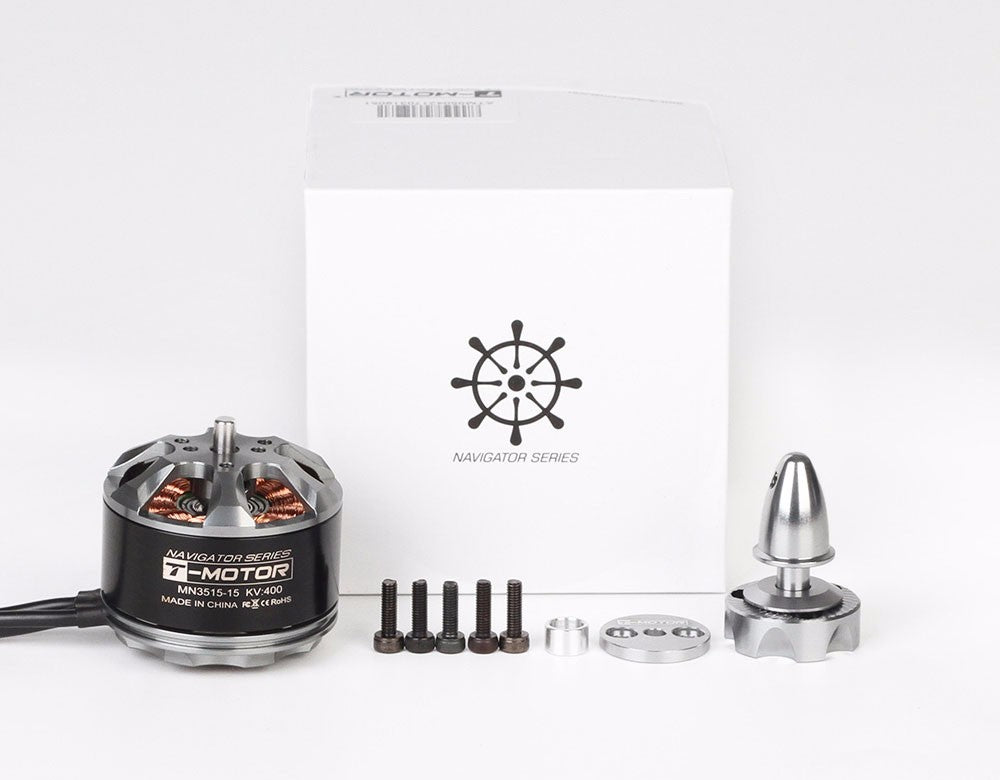 T-Motor Navigator Series MN3515 400KV brushless motor with mounting screws, spacers and prop adapter parts