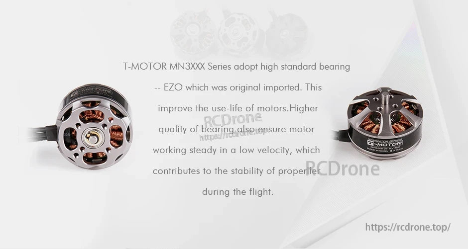 T-Motor MN3XXX series brushless drone motor close-up with EZO bearing note and front/top views
