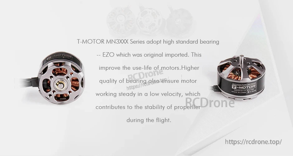T-Motor MN3XXX series brushless drone motor close-up with exposed copper windings and bearing detail