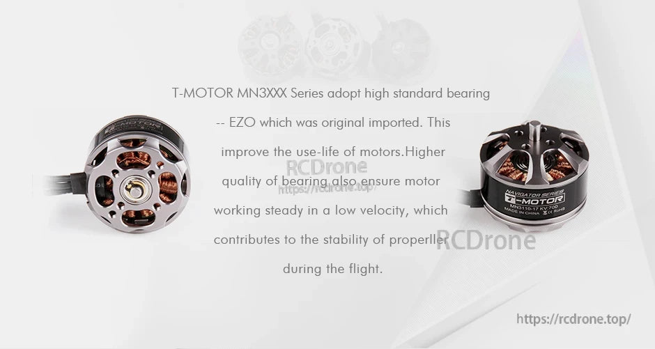 T-Motor MN3XXX series brushless drone motor, front and side views showing open stator and Navigator label