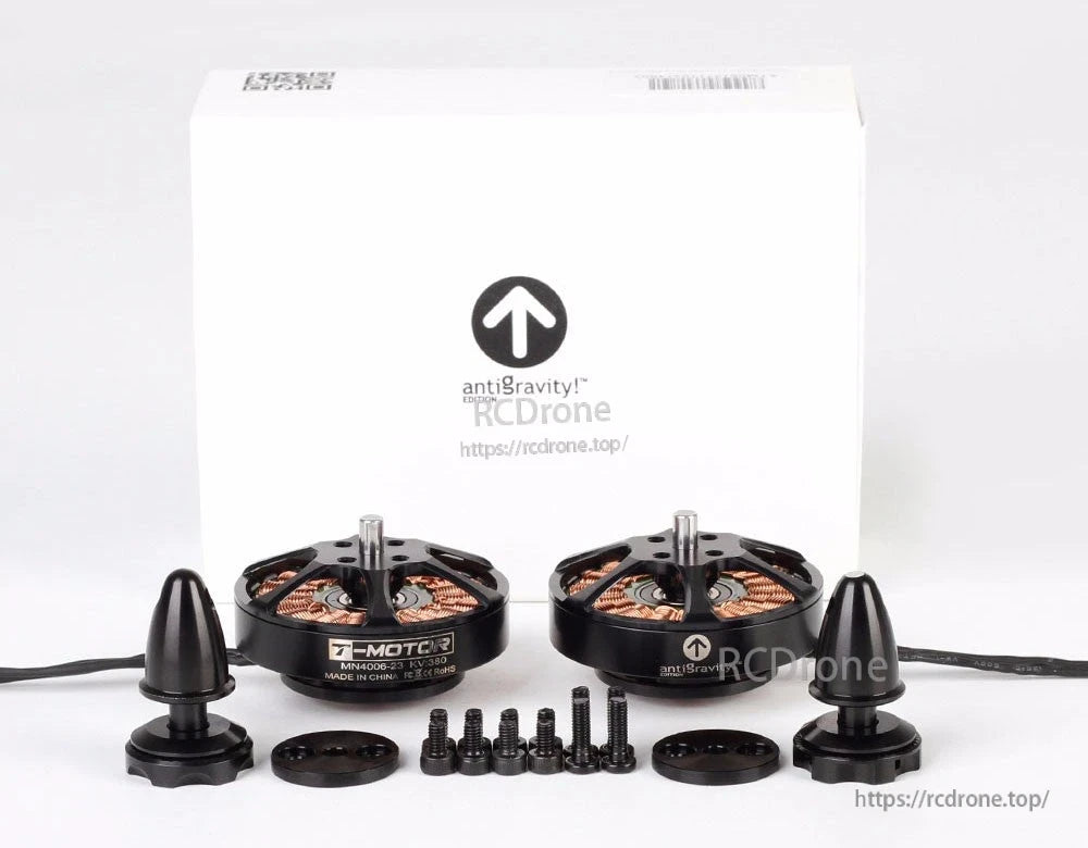 T-Motor MN4006-23 KV380 brushless motors set with prop adapters, mounting plates, and screws