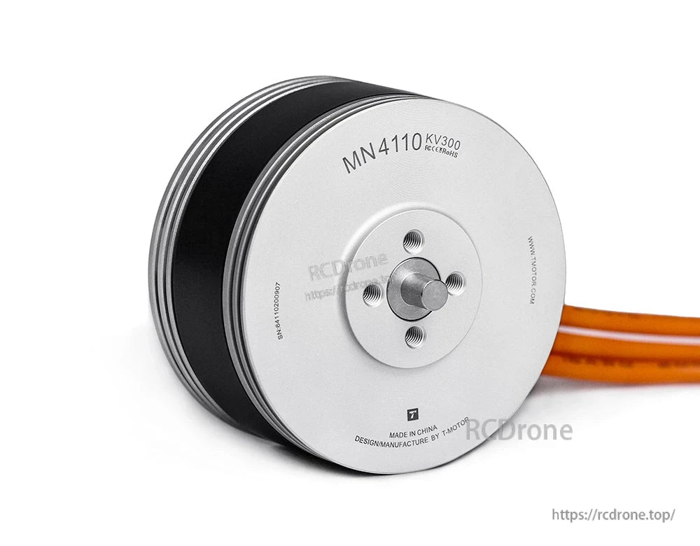 T-Motor MN4110 KV300 brushless motor with front mounting holes, center shaft, and three orange wires