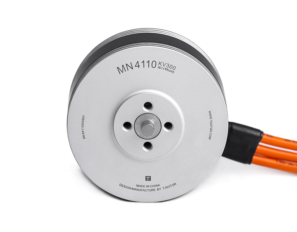 T-Motor MN4110 KV300 brushless motor front view with mounting holes and orange power wires