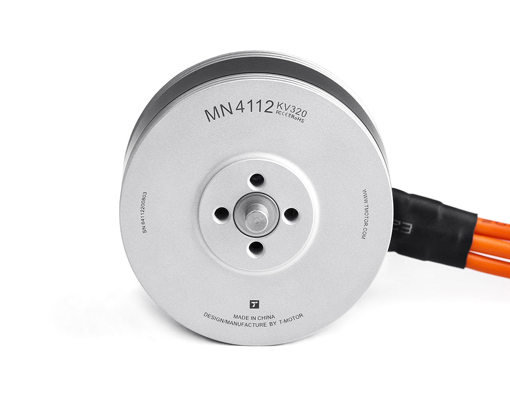 T-Motor MN4112 KV320 brushless motor front view with four mounting holes and orange power leads
