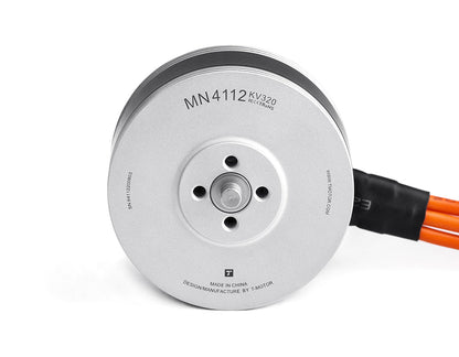 T-Motor MN4112 KV320 brushless motor front view with four mounting holes and orange power leads