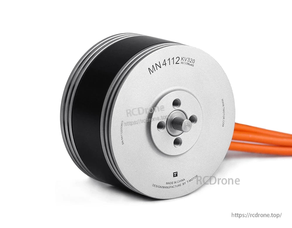 T-Motor MN4112 KV320 brushless motor with silver housing, front mounting holes, and orange wires