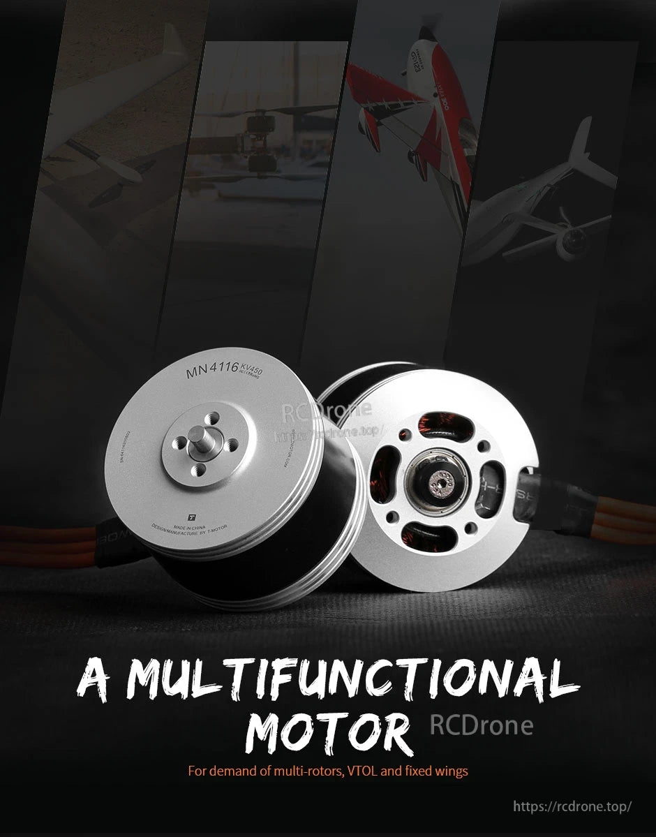 T-Motor MN4116 KV450 brushless motor, silver housing with mounting holes and exposed windings