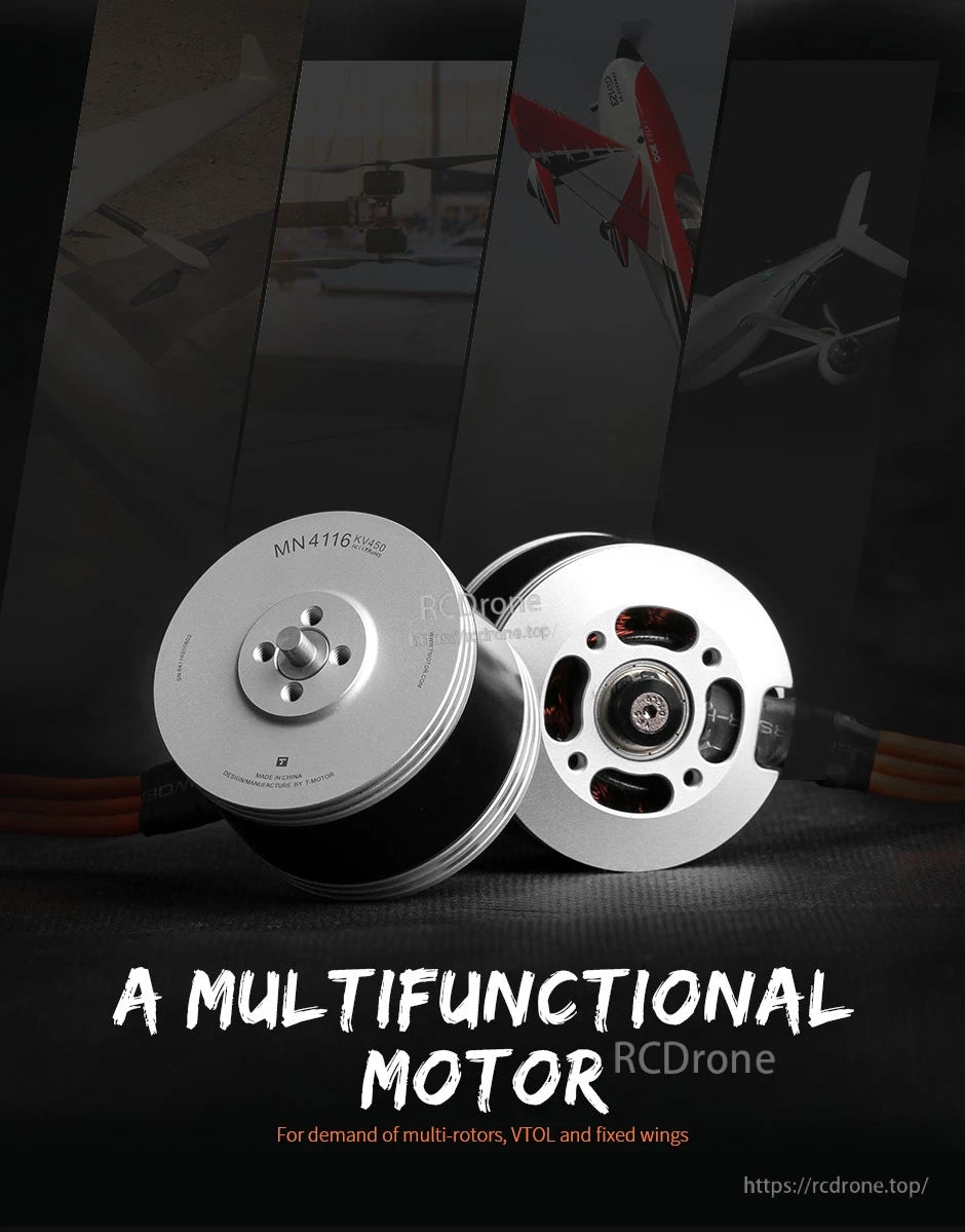 T-Motor MN4116 KV450 brushless outrunner motor, front and rear views with mounting holes and wires