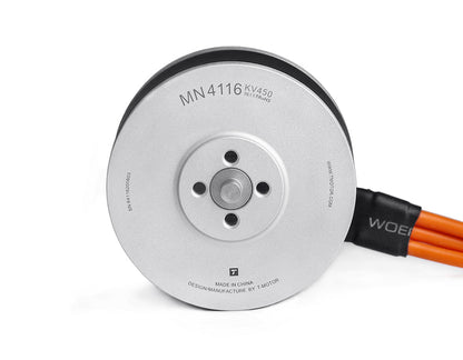 T-Motor MN4116 KV450 motor base with 4-bolt mounting holes and orange power leads