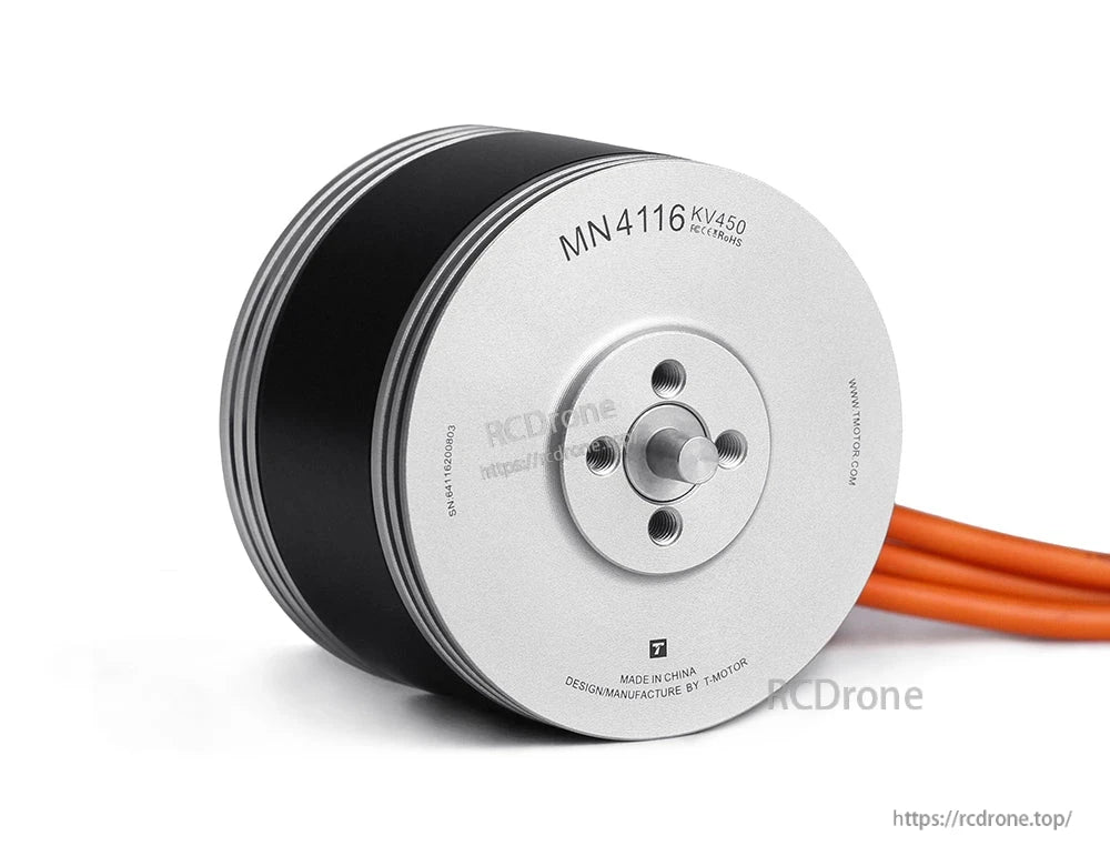 T-Motor MN4116 KV450 brushless motor with threaded mounting face, center shaft, and three orange power wires