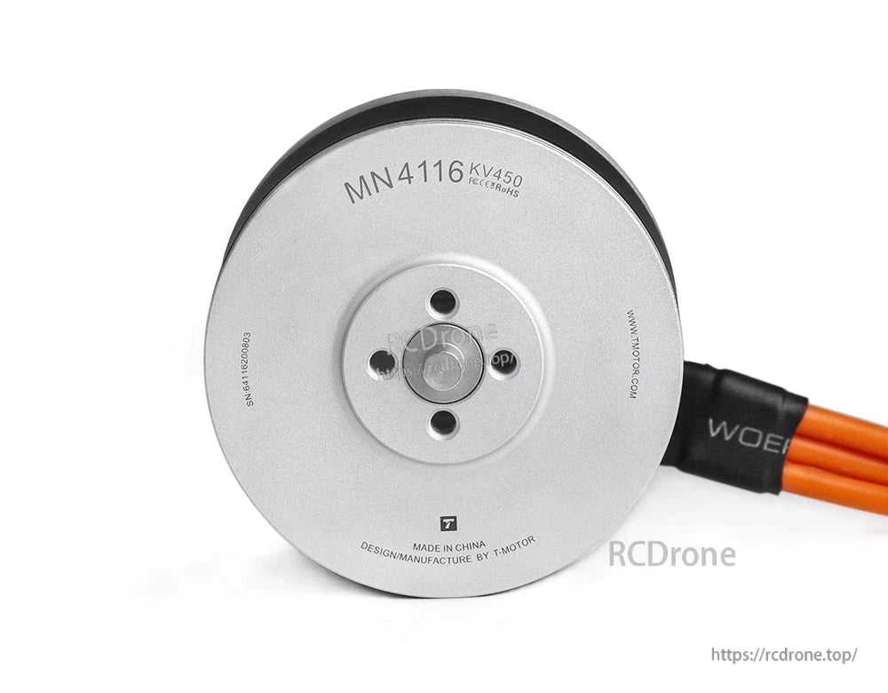 Bottom view of T-Motor MN4116 KV450 brushless motor with 4-hole mounting pattern and attached wires