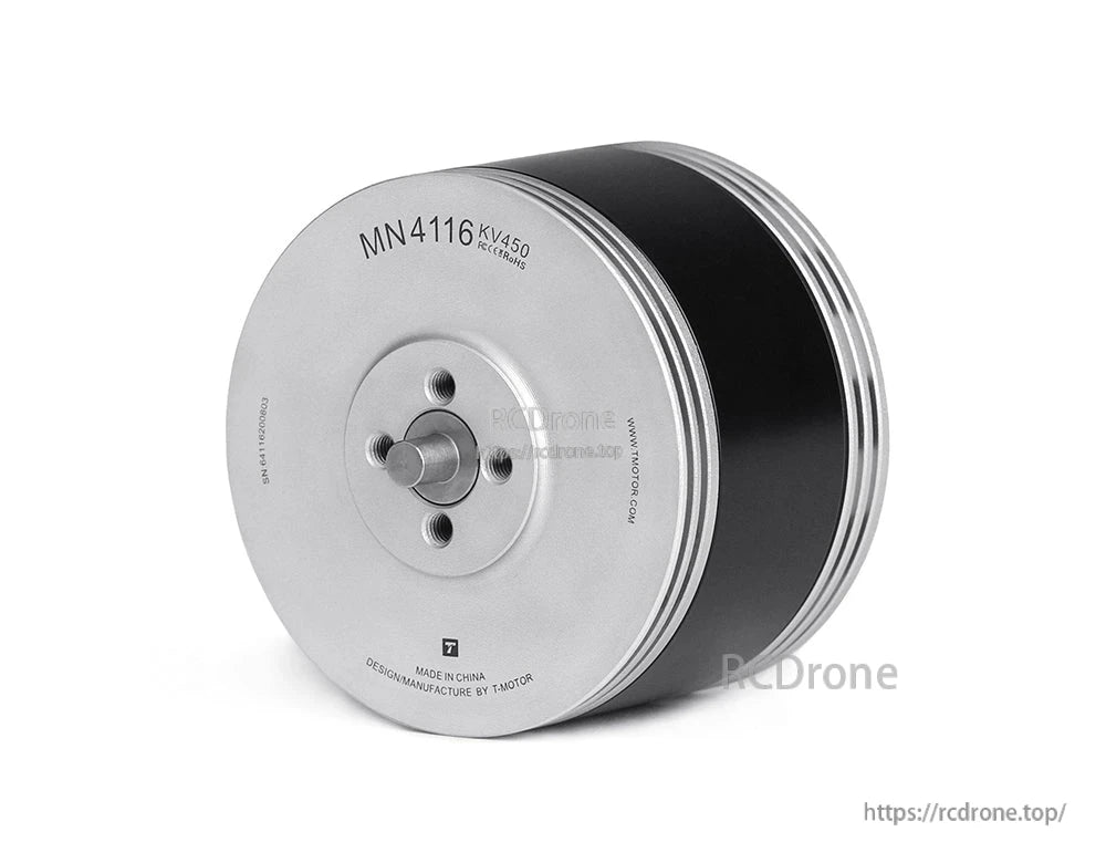 T-Motor MN4116 KV450 brushless outrunner motor with silver end cap and mounting bolt holes