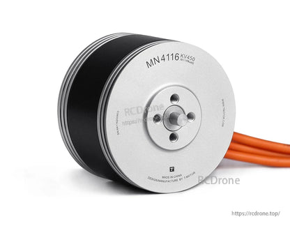 T-Motor MN4116 KV450 brushless outrunner motor with silver housing, mounting hub, and orange wires