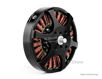 T-Motor brushless outrunner drone motor with black housing, exposed copper windings, and center shaft