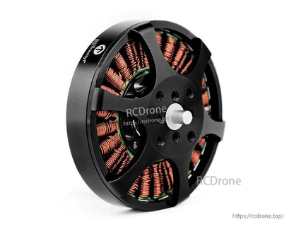 T-Motor brushless outrunner drone motor with black housing, exposed copper windings, and center shaft