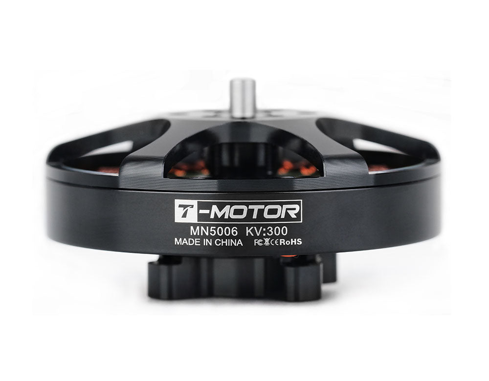 T-Motor MN5006 KV300 brushless motor close-up with black housing, top mount, and printed label