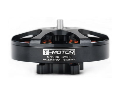 T-Motor MN5006 KV300 brushless motor close-up with black housing, top mount, and printed label