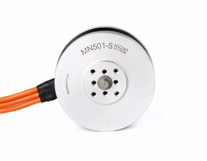 T-Motor MN501-S KV240 brushless motor front view with mounting holes and orange power leads