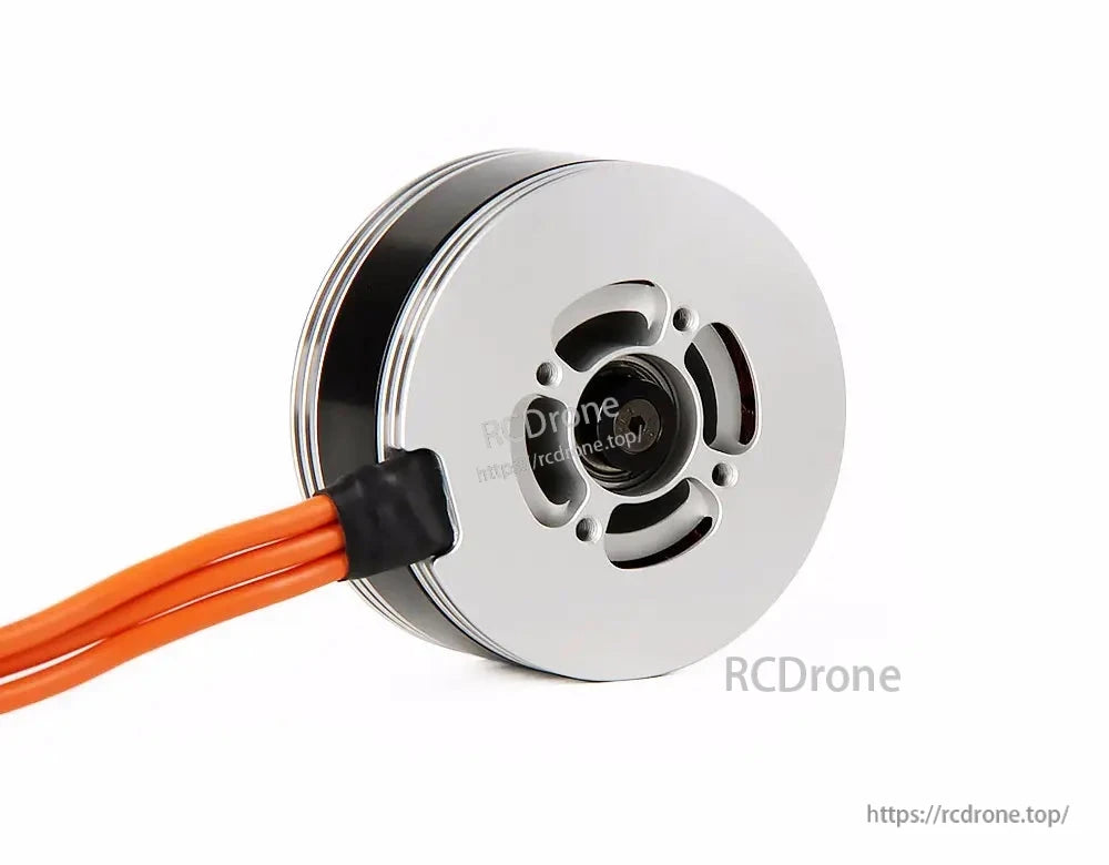 T-Motor brushless drone motor with flat round silver housing, central shaft opening, and three orange wires