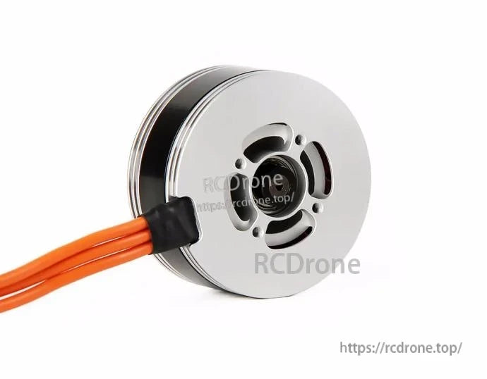 Silver T-Motor brushless outrunner motor with three orange phase wires and vented end bell