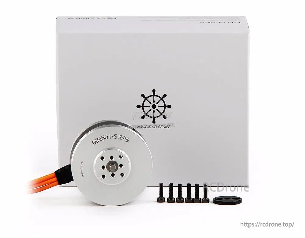 T-Motor MN501-S KV240 brushless drone motor with orange leads, mounting screws and adapter plate in front of box
