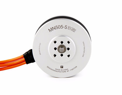 T-Motor MN505-S KV380 brushless motor front view with mounting holes and orange power leads