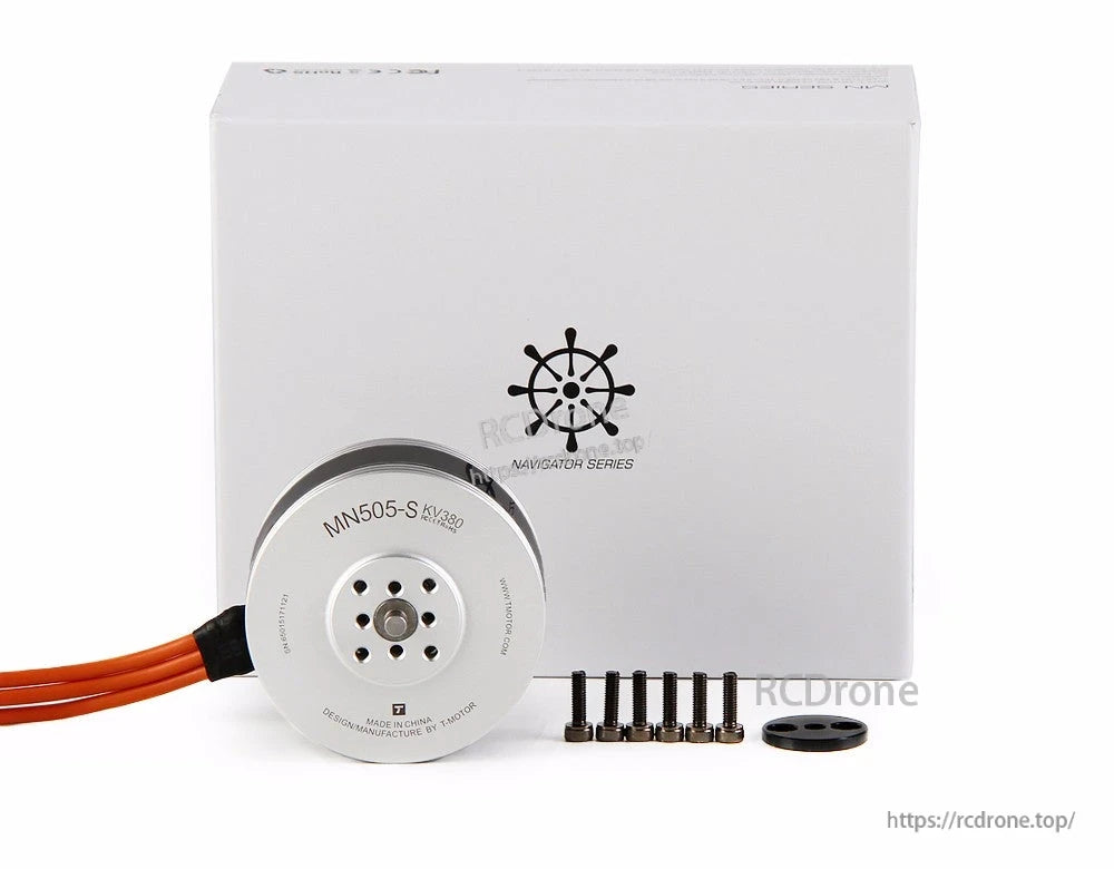 T-Motor MN505-S KV380 brushless outrunner motor with mounting screws and adapter in front of Navigator box