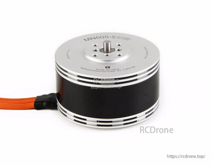 T-Motor MN505-S brushless drone motor with top-mounted shaft, mounting holes, and orange power leads