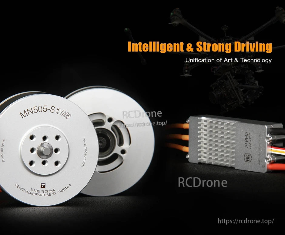 T-Motor MN505-S KV380 brushless motors with finned ALPHA-series ESC and wiring leads on a black background