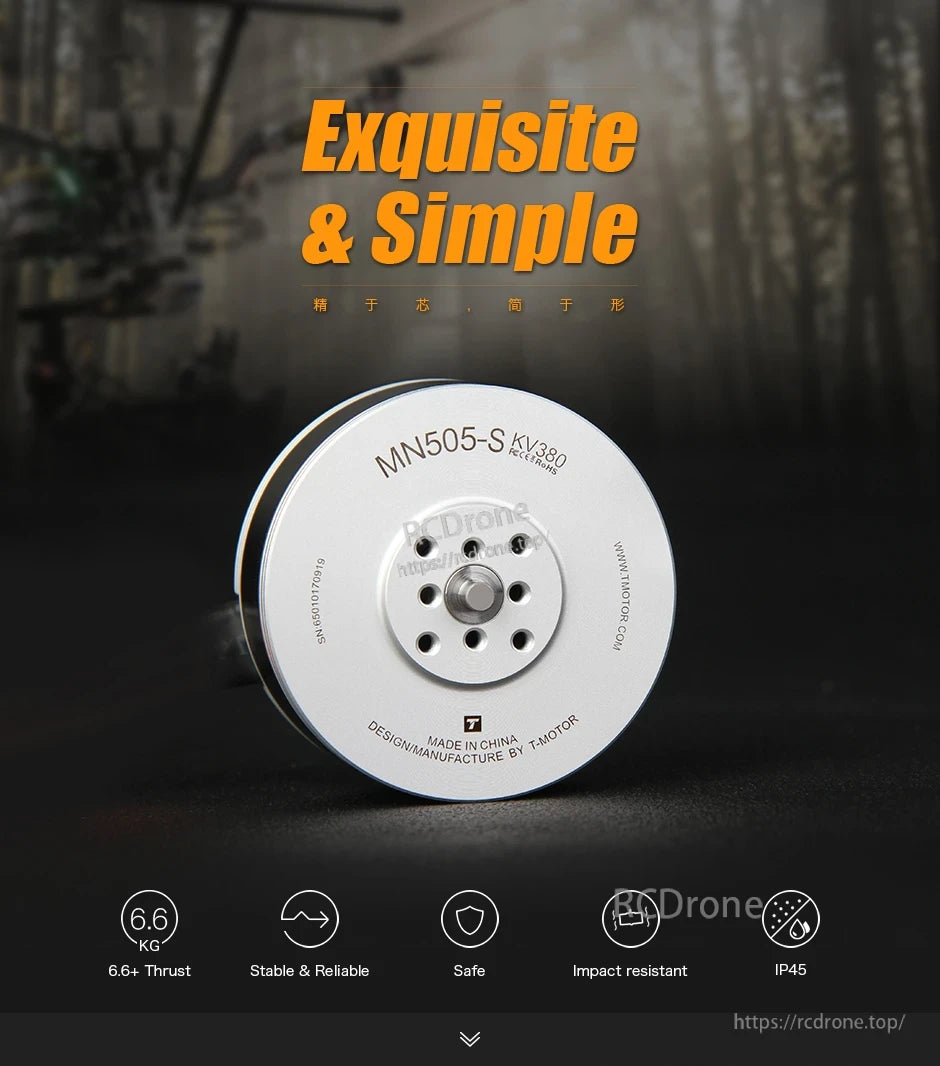 T-Motor MN505-S KV380 drone motor front view with mounting holes, labeled IP45 and 6.6+ kg thrust