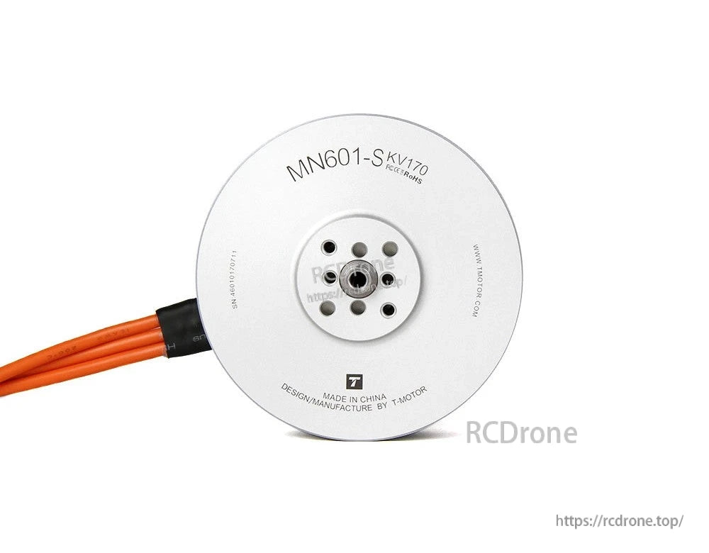 Front view of T-Motor MN601-S KV170 brushless motor with central mounting holes and orange power leads