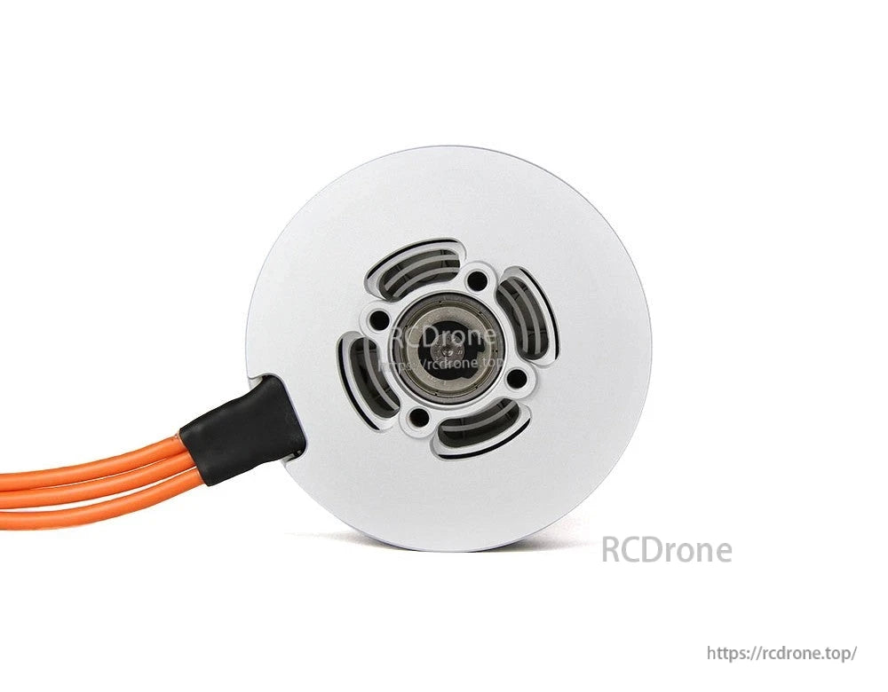 T-Motor brushless drone motor with round silver housing, vented end cap, and three orange motor wires