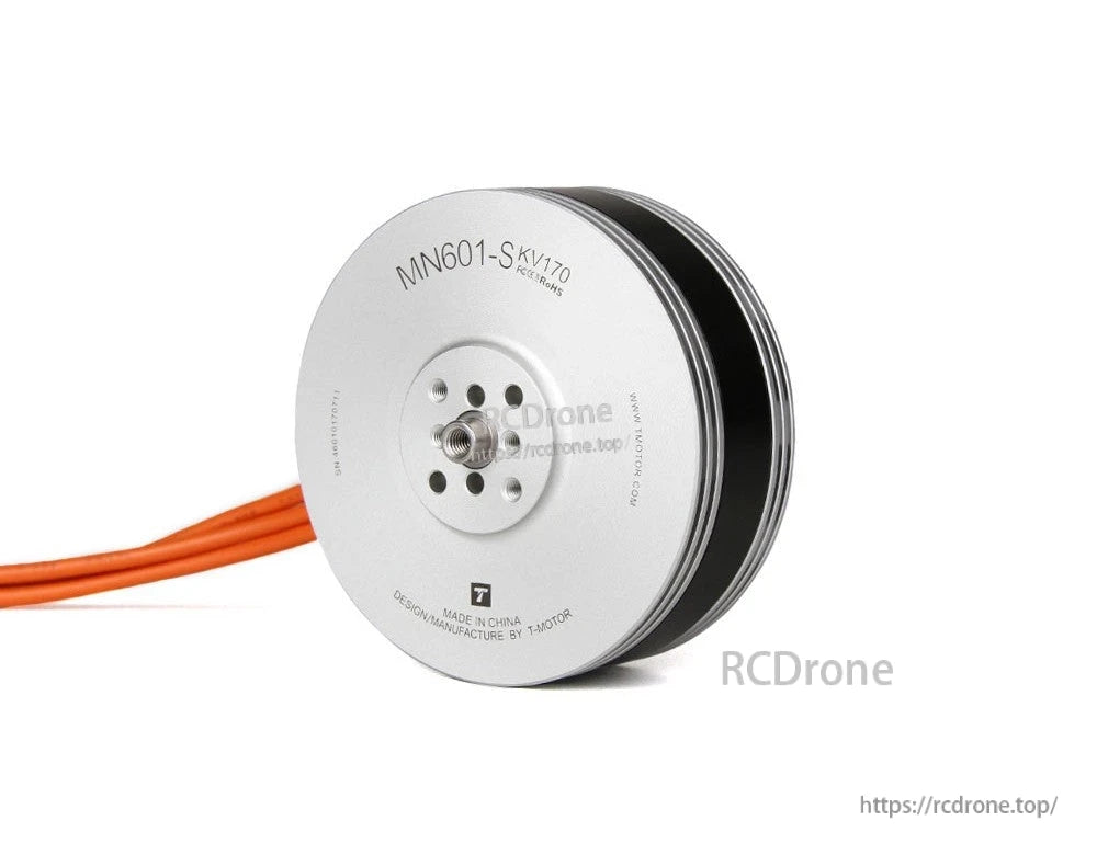 T-Motor MN601-S KV170 brushless drone motor with silver housing, mounting holes, and orange power leads
