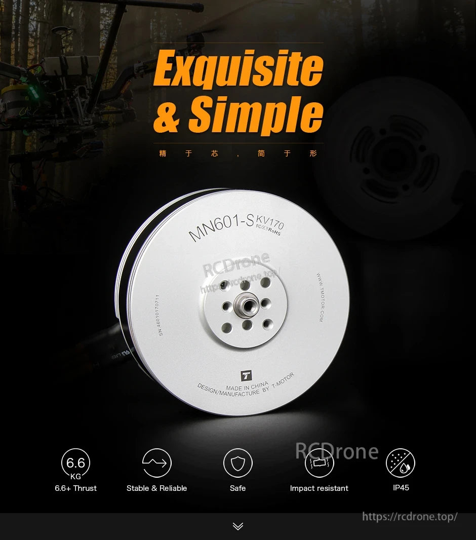 T-Motor MN601-S KV170 brushless drone motor top view, labeled MN601-S with IP45 and 6.6+ kg thrust icons