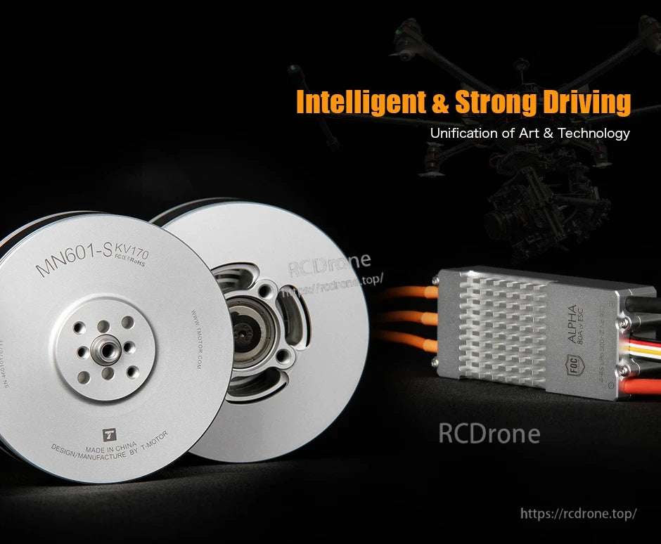 T-Motor MN601-SKV170 brushless motor with silver housing beside Alpha ESC with heatsink and wiring
