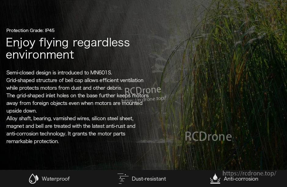 T-Motor MN601S motor protection slide with IP45 grade and waterproof, dust-resistant, anti-corrosion icons