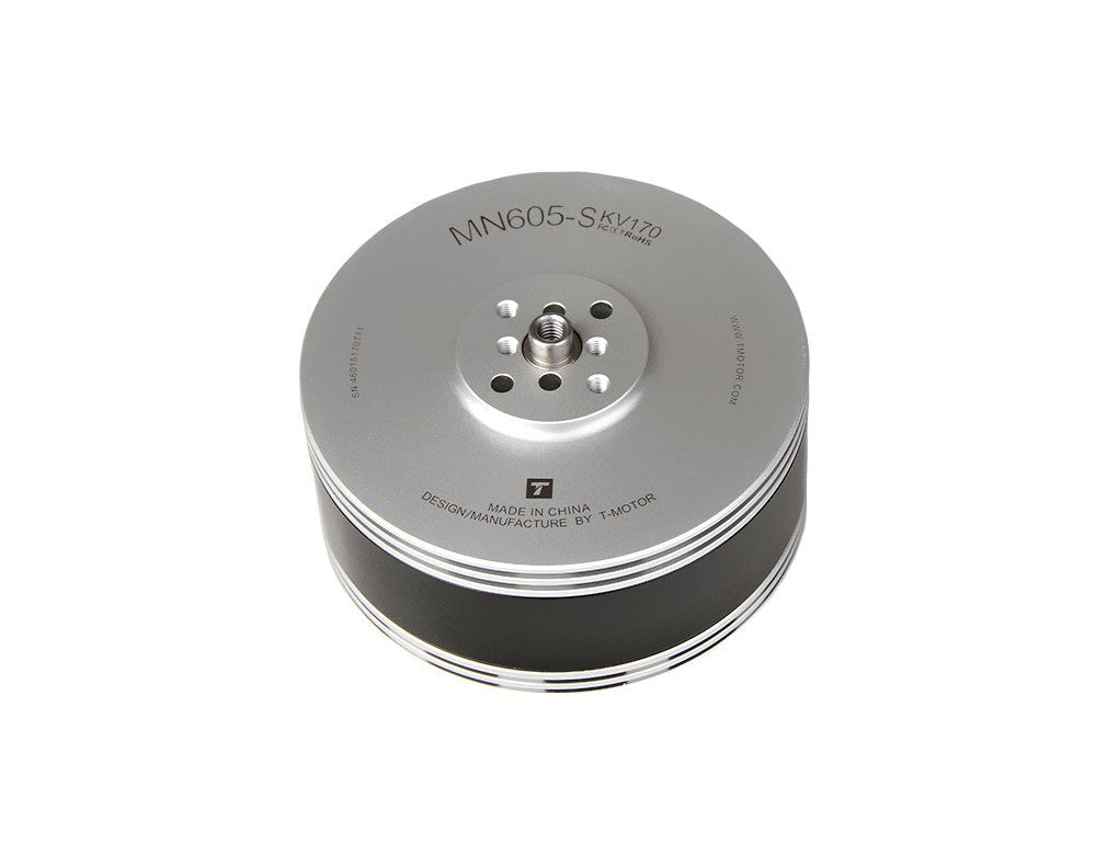 T-Motor MN605-S KV170 brushless motor top view with silver housing and central threaded mounting hub
