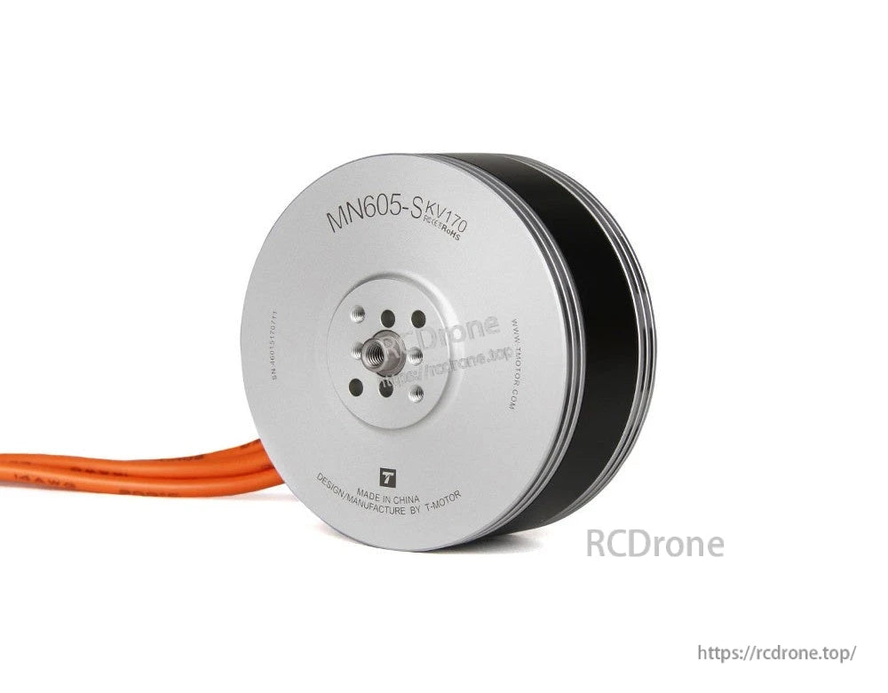 T-Motor MN605-S KV170 brushless drone motor with silver can housing, mounting holes, and orange leads