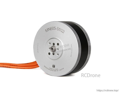 T-Motor MN605-S KV170 brushless drone motor with silver can housing, mounting holes, and orange leads
