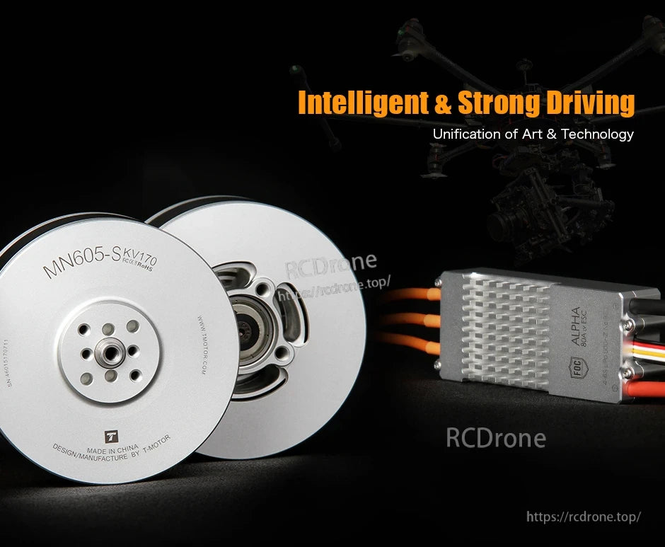 T-Motor MN605-S KV170 brushless drone motor with ALPHA electronic speed controller and attached wiring
