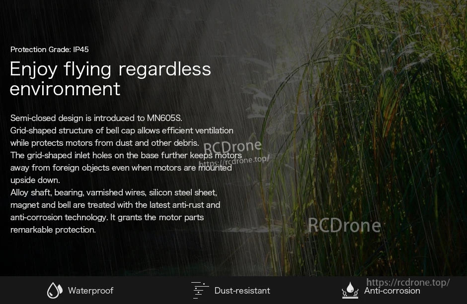 T-Motor MN605S motor protection grade IP45 with waterproof, dust-resistant and anti-corrosion design callouts