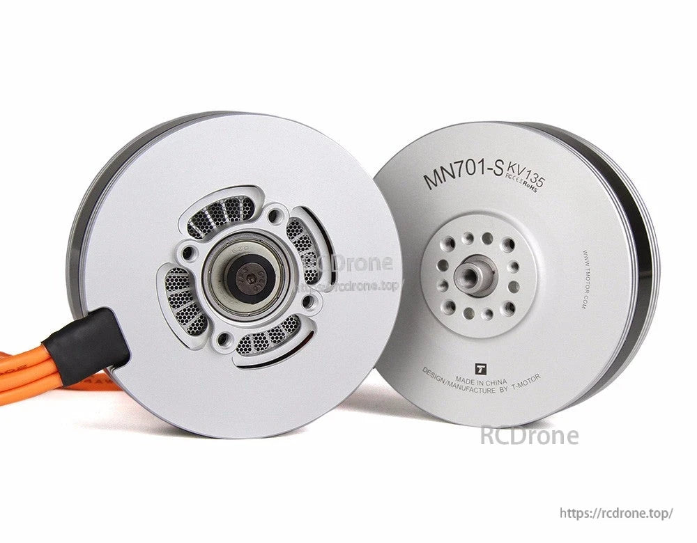 T-Motor MN701-S KV135 brushless drone motor in silver, showing front vented face and rear mounting holes