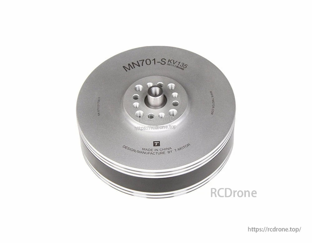 T-Motor MN701-S KV135 brushless drone motor top view with silver housing and multi-hole mounting hub