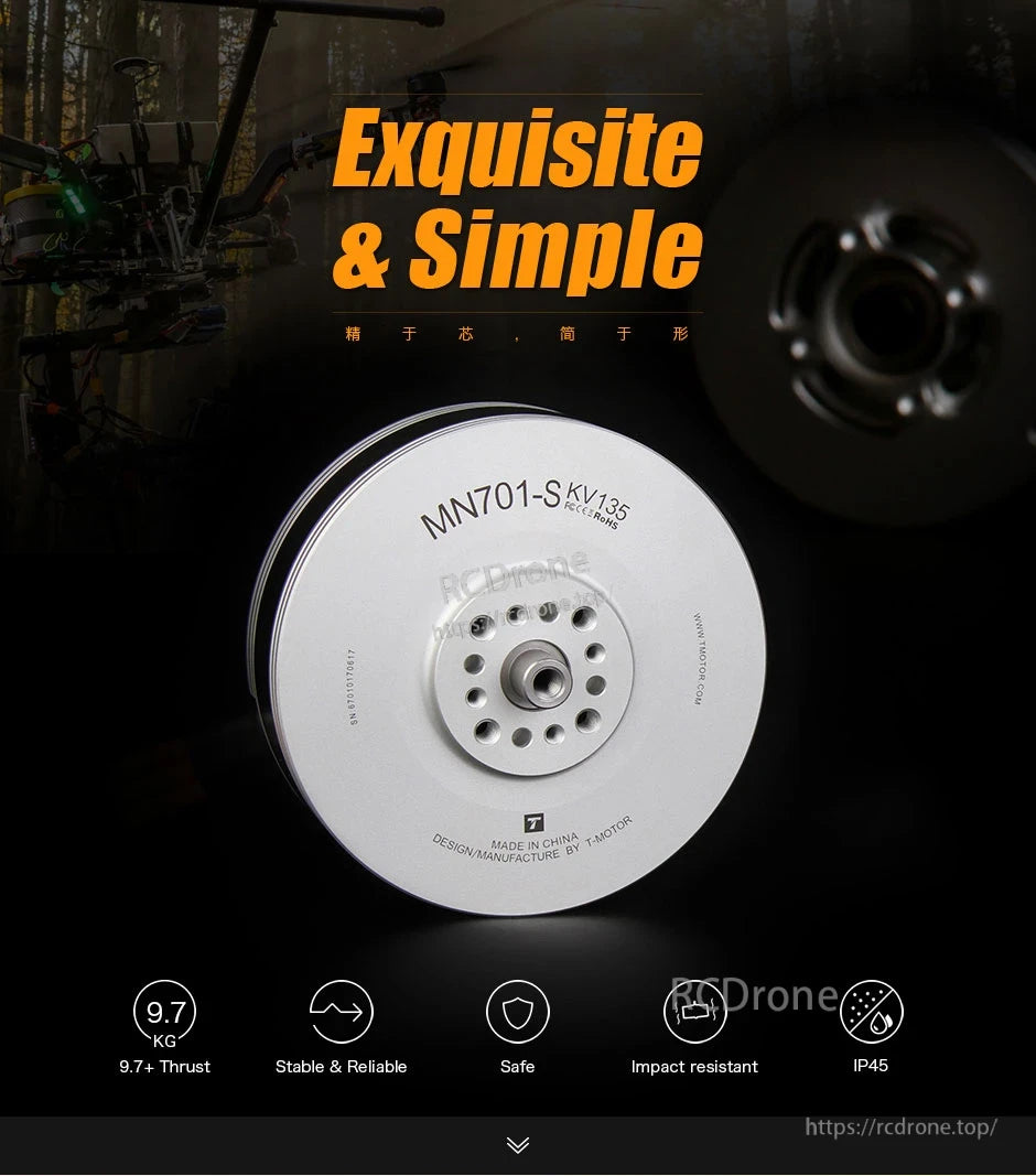 T-Motor MN701-S KV135 motor front view with silver housing, mounting holes, and IP45 rating icons