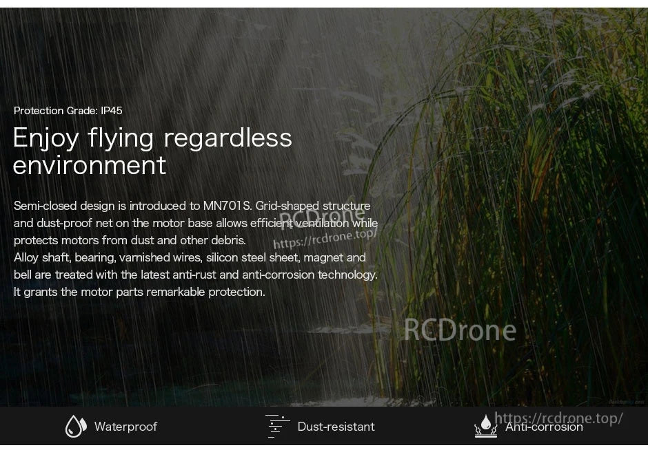 T-Motor MN701S motor infographic showing IP45 protection grade with waterproof, dust-resistant, and anti-corrosion icons
