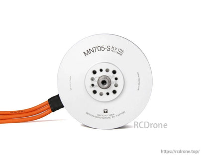 T-Motor MN705-S KV125 brushless motor top view with mounting holes and orange power wires