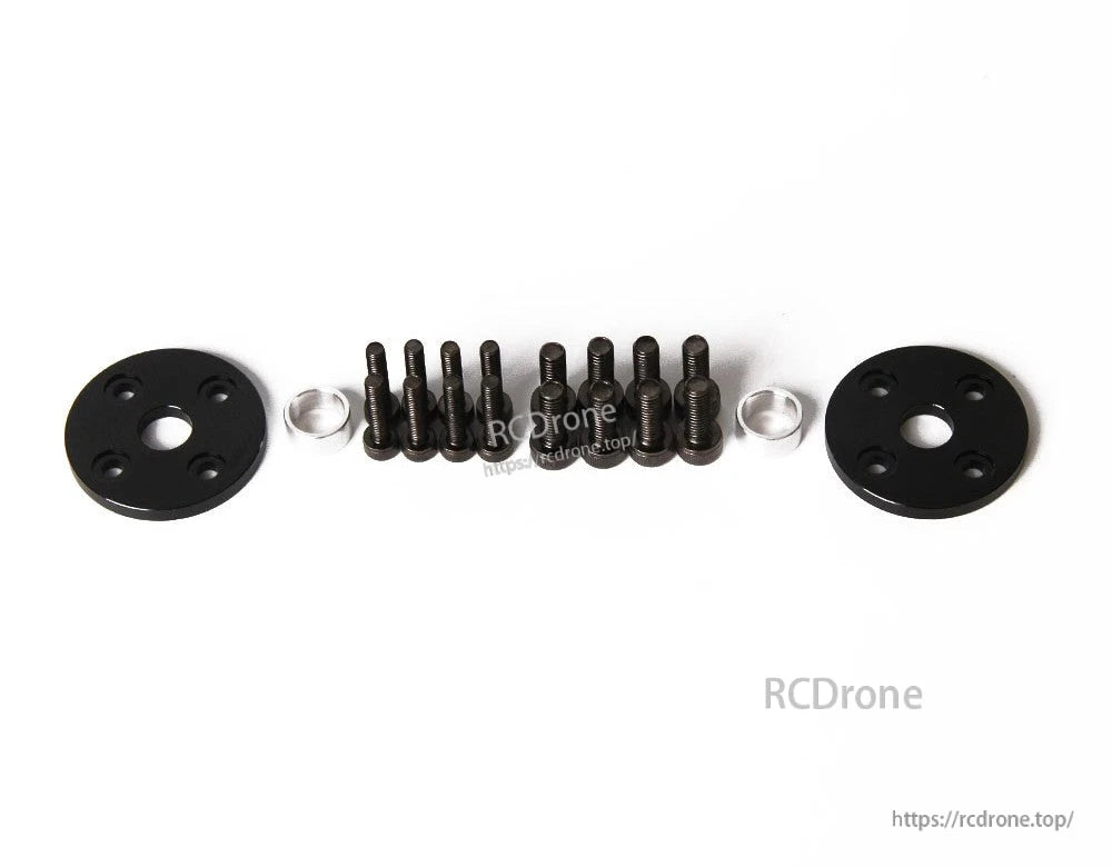 T-Motor mounting hardware kit with two round black plates, screws, and two metal spacers on white background