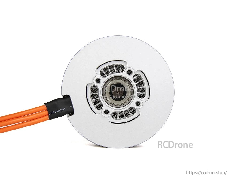 T-Motor round silver brushless drone motor with orange three-wire lead and vented end cap