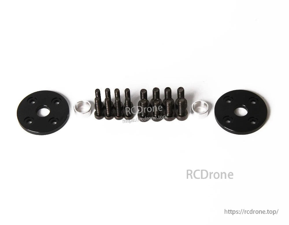 T-Motor mounting hardware kit with two round black plates, assorted black screws, and two silver spacers